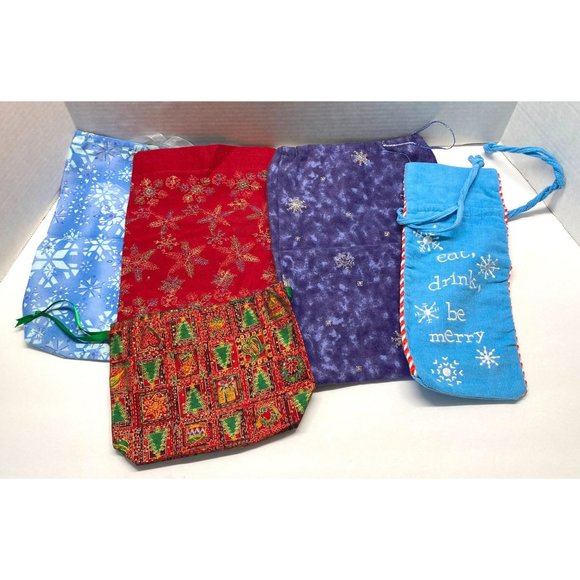 Lot of 5 Fabric Gift Bags Sacks Christmas Winter Patterns Drawstring - Picture 12 of 12